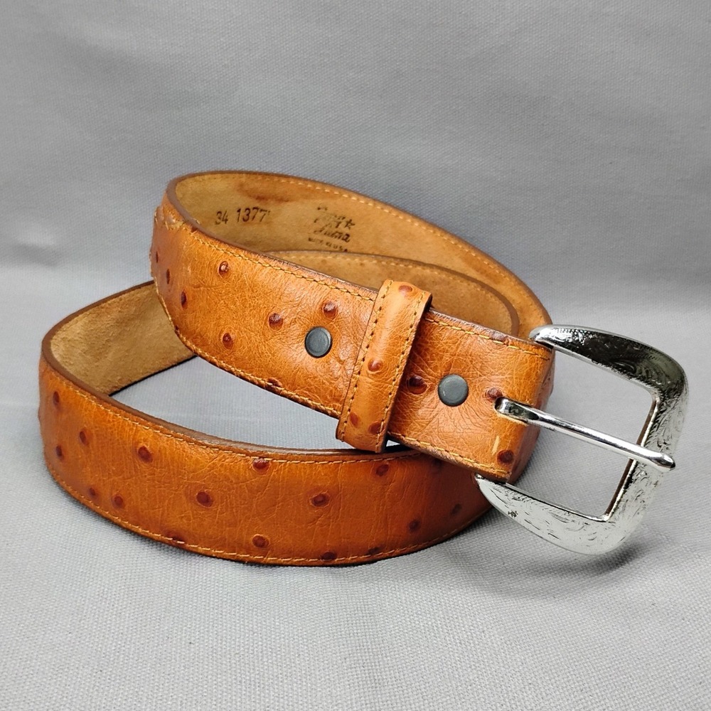 Tony Lama Mens 34 Ostrich Leather Western Belt Tan Brown Made in USA 1377